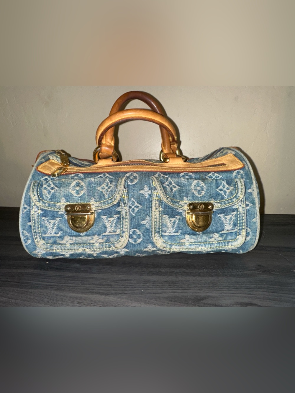Louis Vuitton Blue Denim Speedy Monogram Satchel with Tan Leather Trim